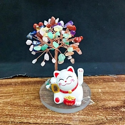 Mixed Stone Natural Gemstone Chips Tree of Life Decorations, Maneki Neko with Copper Wire Feng Shui Energy Stone Gift for Women Men Meditation, 120~130mm