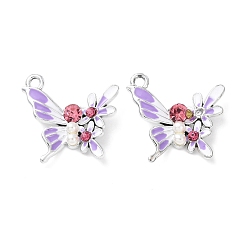 Лиловый Подвески из эмали и сплава, бабочки прелести, со стразами, ABS имитация жемчуга, стойки покрытие, платина, сирень, 21x23x4 мм, отверстие : 2.2 мм