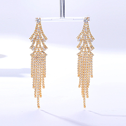 Triangle Real 18K Gold Plated Brass Dangle Stud Earrings, Rhinestone Tassel Earrings, Triangle, No Size