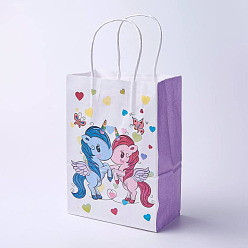 Medium Purple kraft Paper Bags, with Handles, Gift Bags, Shopping Bags, Rectangle, Unicorn Pattern, Medium Purple, 27x21x10cm
