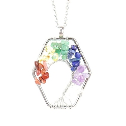 Mixed Stone Natural Mixed Stone Chips Beaded Hexagon with Tree Pendant Necklaces, with Platinum Brass Chains, 20.87 inch(53cm)