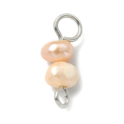 PeachPuff Natural Cultured Freshwater Pearl Connector Charms, Potato Links, with Stainless Steel Color Plated Brass Double Loops, PeachPuff, 13x4.5x4mm, Hole: 1.8mm & 3mm