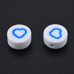 Dodger Blue Handmade Polymer Clay Beads, Flat Round with Heart, Dodger Blue, 9~9.5x4~5mm, Hole: 1.6mm