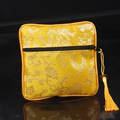 Gold Square Chinese Style Cloth Tassel Bags, with Zipper, for Bracelet, Necklace, Gold, 11.5x11.5cm