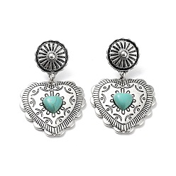 Round Valentine's Day Heart Jewelry for Women, Alloy with Synthetic Turquoise Dangle Stud Earrings, Antique Silver, Round, 55x33mm