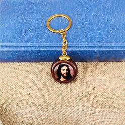 Golden Flat Round Double-sided Religious Jesus Plastic Pendant Keychain, with Metal Findings, Golden, 10cm