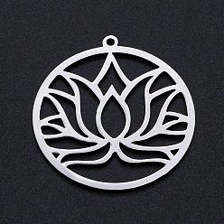 Stainless Steel Color 201 Stainless Steel Pendants, Filigree Joiners Findings, for Chakra, Laser Cut, Round Ring with Lotus Flower, Stainless Steel Color, 32x29.5x1mm, Hole: 1.5mm