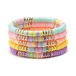 Mixed Color Synthetic Hematite & Polymer Clay Heishi Beads Stretch Bracelets Set, Yoga Surfering Stackable Bracelets for Women, Mixed Color, Inner Diameter: 2-1/8 inch(5.25cm), 5pcs/set