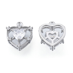 Real Platinum Plated Brass Micro Pave Clear Cubic Zirconia Charms, Cadmium Free & Nickel Free & Lead Free, Heart, Real Platinum Plated, 12x10x5mm, Hole: 1mm