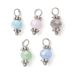 Mixed Color Glass Charms, with Antique Silver Alloy Loops, Faceted Rondelle, Mixed Color, 13.5x6mm, Hole: 3mm