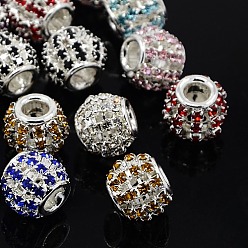 Mixed Color Brass Rhinestone European Beads, Large Hole Beads, Rondelle, Silver Color Plated, Mixed Color, 12x10mm, Hole: 4mm