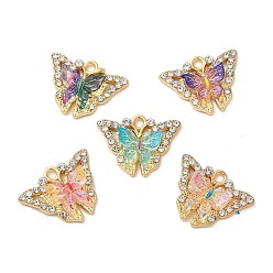 Mixed Color Rack Plating Alloy Pendants, with Rhinestone and Acrylic, Butterfly Charms, Mixed Color, 15x20x4.5mm, Hole: 2mm