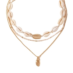 Golden Cowrie Shell Bead 3 Layer Necklaces, Bohemia Style Alloy Cable Necklaces for Women, Golden, 8.27~19.69 inch(21~50cm)