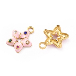 Pink 304 Stainless Steel Rhinestone Pendants, with Enamel, Golden, Star Charm, Pink, 16x13x2.5mm, Hole: 2.2mm