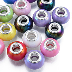 Mixed Color Large Hole Acrylic European Beads, with Silver Color Plated Iron Double Cores, Rondelle, Mixed Color, 14x10mm, Hole: 5mm