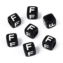 Letter F Начальные акриловые бусины с горизонтальной дырочкой, кубические, чёрные, Буква F, 6x6x6 мм, отверстие : 3.5 мм, 3330 шт / 500 г