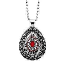 WhiteSmoke Glass Teardrop with Mandala Flower Pendant Necklace with Ball Chains, Platinum Alloy Jewelry for Women, WhiteSmoke, 23.62 inch(60cm)