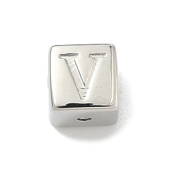 Letter V Латунные бусины, без кадмия и без свинца, долговечный, стойки покрытие, кубические, платина, Буква V, 6x6x6 мм, отверстие : 1.8 мм