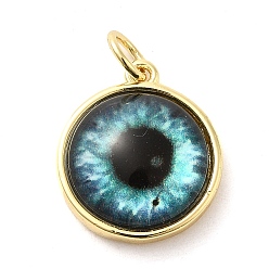 Pale Turquoise Real 18K Gold Plated Brass Pendants, with Acrylic and Jump Ring, Flat Round with Evil Eye Charms, Pale Turquoise, 16x14x5.5mm, Hole: 3.4mm