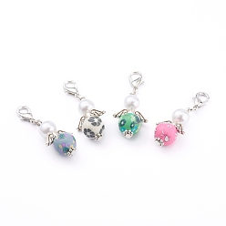 Mixed Color Handmade Flower Pattern Polymer Pendants, Antique Silver Findings, with Alloy Lobster Claw Clasps, Angel, Mixed Color, 25.5x16x10mm, Hole: 4x5mm