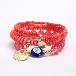 Red Bohemian Multi-layer Bracelet Set with Metal Shells and Evil Eye Charm Jewelry