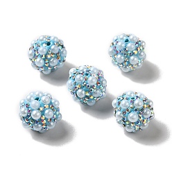 Light Sky Blue Polymer Clay Rhinestone Beads, with Imitation Pearl, Round, Light Sky Blue, 17~17.5mmx17mm, Hole: 1.6mm
