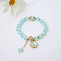 Pale Turquoise Glass Round Beaded Stretch Bracelets, with Alloy Enamel Daisy Flower Charms, Pale Turquoise, Inner Diameter: 2-3/8 inch(6cm)