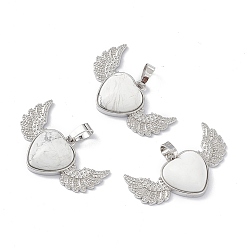 Howlite Natural Howlite Pendants, Heart Charms with Wing, with Platinum Tone Brass Findings, 22x37.5x7mm, Hole: 7.5x5mm