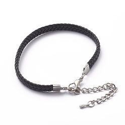 Black Imitation Leather Cord Bracelets, with Alloy Lobster Claw Clasps, Platinum, Black, 7-5/8 inch(19.5cm)