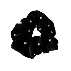 Black Cloth Elastic Hair Accessories, with Plastic Beads, for Girls or Women, Scrunchie/Scrunchy Hair Ties, Black, 100mm