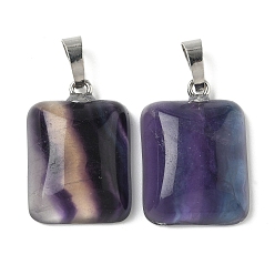 Флюорит Природного флюорита подвески, с платиновой и латунной фурнитурой, стойки покрытие, прямоугольник амулеты, 25~25.5x17.5~18x7~8 мм, отверстие : 8x5 мм