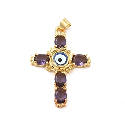 Purple Rack Plating Brass Pendants, with Glass Cubic Zirconia, Resin Eye, Religion Cross Charm, Cadmium Free & Lead Free, Long-Lasting Plated, Real 18K Gold Plated, Purple, 38x27x5mm, Hole: 5x3mm