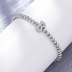 Letter B Латунные круглые бусины эластичные браслеты, Подвеска в виде буквы из латуни с микропаве из прозрачного кубического циркония для женщин, без свинца и без кадмия, стойки покрытие, платина, В письме, внутренний диаметр: 2~2-1/8 дюйм (5~5.5 см)