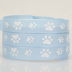 Light Blue 100 Yards Printed Polyester Grosgrain Ribbons, Garment Accessories, Paw Print Pattern, Light Blue, 3/8 inch(9mm)