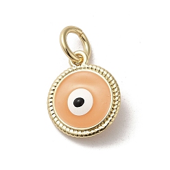 PeachPuff Brass Enamel Charms, with Jump Ring, Real 18K Gold Plated, Flat Round with Evil Eye Charm, PeachPuff, 13.5x11.5x3.7mm, Hole: 3.2mm
