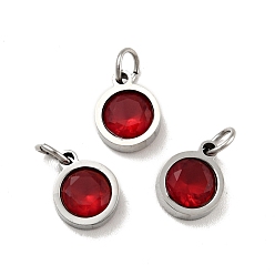 Dark Red 304 Stainless Steel Pendants, with Cubic Zirconia and Jump Rings, Single Stone Charms, Flat Round, Stainless Steel Color, Dark Red, 9.5x7.5x3mm, Hole: 3.6mm