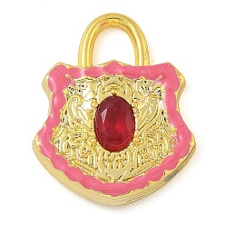 Светло-Вишневый Стеклянные подвески из латуни с покрытием стойки, с эмалью, долговечный, без свинца и без кадмия, реальный 18 k позолоченный, запирать, светло-вишневый, 22x17.5x4 мм, отверстие : 4x4.5 мм