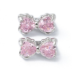 Pink Brass Pave Cubic Zirconia Multi-Strand Links, 3-Hole, Bowknot, Platinum, Pink, 7x12x7mm, Hole: 1.2mm