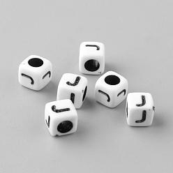 Letter J Opaque Acrylic Beads, Letter Style, Cube, Letter.J, 6x6x6mm, Hole: 3mm, about 3000pcs/500g