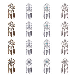 Mixed Color NBEADS Tibetan Style Alloy Big Pendants, Woven Net/Web with Feather, Mixed Color, 64.5~66x26.5~28.5x1.5~2.5mm, Hole: 1.5mm, 20pcs/set