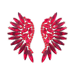 Fuchsia Sparkling Rhinestone Wings Stud Earrings, Golden Alloy Jewelry for Women, Fuchsia, 55x29mm