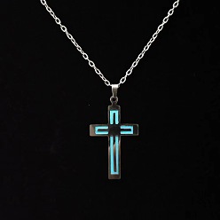Stainless Steel Color Luminous Glow in the Dark Titanium Steel Cross Pendant Necklace, 23.62 inch(60cm)