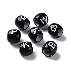 White Spray Printed Opaque Acrylic European Beads, Large Hole Beads, Barrel with Letter, White, 9x8mm, Hole: 5mm, about 1500pcs/500g