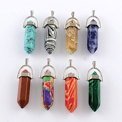 Platinum Mixed Stone Pendants with Alloy Findings, Platinum, 40~42x13.5x10mm, Hole: 2mm