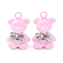Pink Подвески из сплава аэрозольной краски, мишка с подвеской-бантом, с ABS имитации жемчуга, стойки покрытие, долговечный, платина, розовые, 25x16x7 мм, отверстие : 2.6 мм