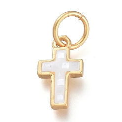 White Shell Natural Shell Charms, with Brass Findings and Jump Rings, Cross, Matte Style, Matte Gold Color, 12x7x2.2mm, Hole: 4.5mm
