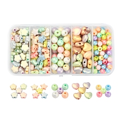 Mixed Color 260Pcs 5 Style Spray Painted Opaque Acrylic Beads, Frosted, Heart & Star & Round, Mixed Color, 6~10.5x6~11x4~7mm, Hole: 1.8~2mm, 260pcs/box