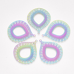 Rainbow Color Ion Plating(IP) 201 Stainless Steel Filigree Pendants, Etched Metal Embellishments, teardrop, with Floral, Rainbow Color, 40x32.5x0.2mm, Hole: 1.8mm
