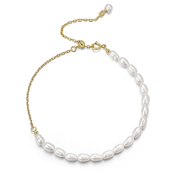 Real 14K Gold Plated Adjustable 925 Sterling Silver Cable Chain Bracelets, Natural Freshwater Pearls Beaded Bracelets for Woman, Real 14K Gold Plated, 9-1/8 inch(23cm)
