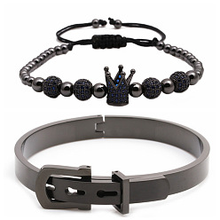 Snatch the black zirconium crown set Stainless Steel Bracelet with Crown Charm and Adjustable Braided Bead Chain Set